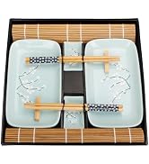 Exzact Sushi Set 10 pcs Porcelain Plates Dips Bamboo Mats Chopsticks Blue | Japanese Dining Set w...