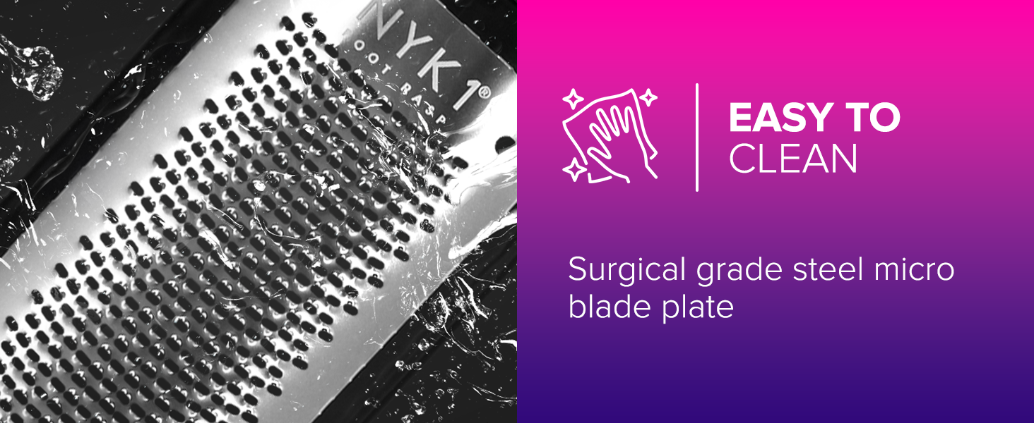 Close-up of a surgical grade steel micro blade plate with numerous small cutting edges, marketed as easy to clean.