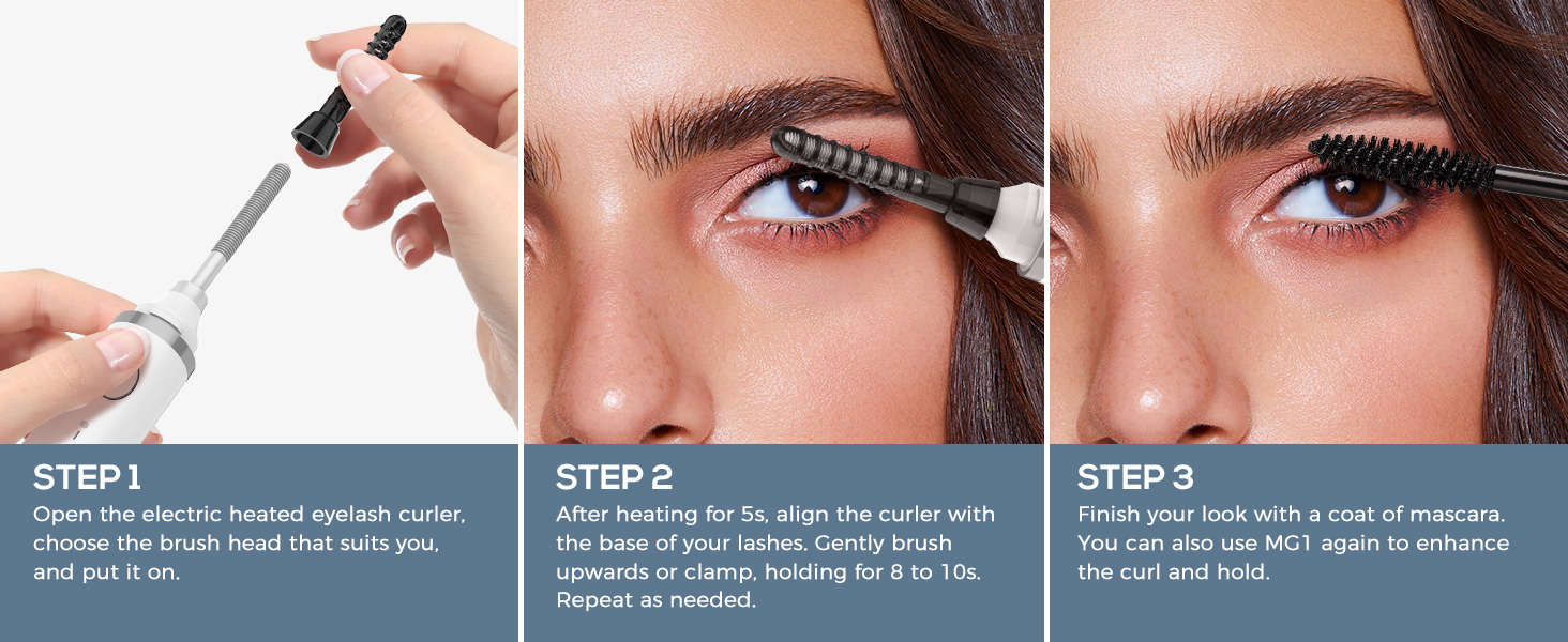 Three-step mascara application process: opening tube, applying to lashes with wand, and final lash appearance after application.