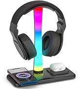 BAISHUN RGB Headphone Stand with 15w Wireless Charger, 3 in 1 Gaming Headset Holder Charging Stat...