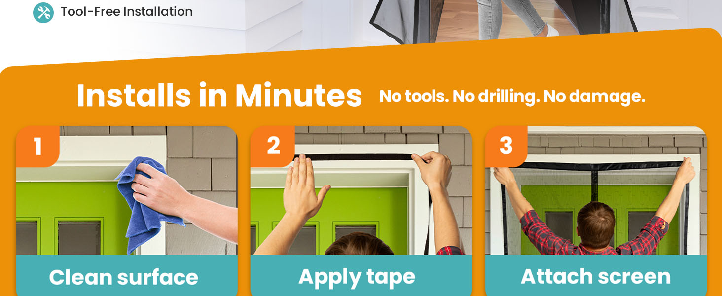 3-step guide for black screen door: 1. Clean surface, 2. Apply tape, 3. Attach screen. No tools.