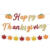 ANFEST Glittery Happy Thanksgiving Banner with Sparkly Pumpkins, Colorful Maple Leaves, Pre-Assem...