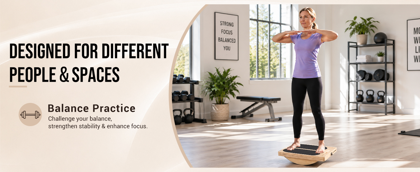 Balance board for stability practice, body control, and home fitness training.
