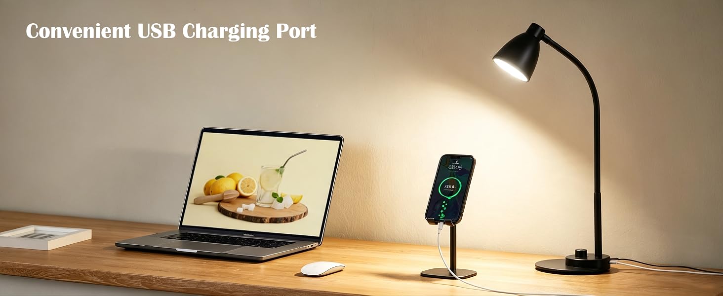 LED Desk Lamp with USB Charging Port Reading Light Task Lamp Black Table Lamp for Bedside Office