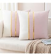 ZLINA Set of 2 Velvet Decorative Throw Pillow Covers Pink White Patchwork with Gold Leather Pillo...