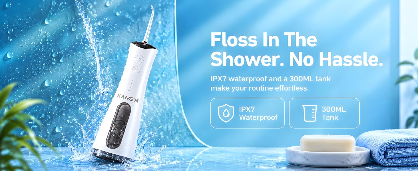 Water Flosser for teeth cleaning showing water splashing emphasizing IPX7 waterproof & 300ml tank.