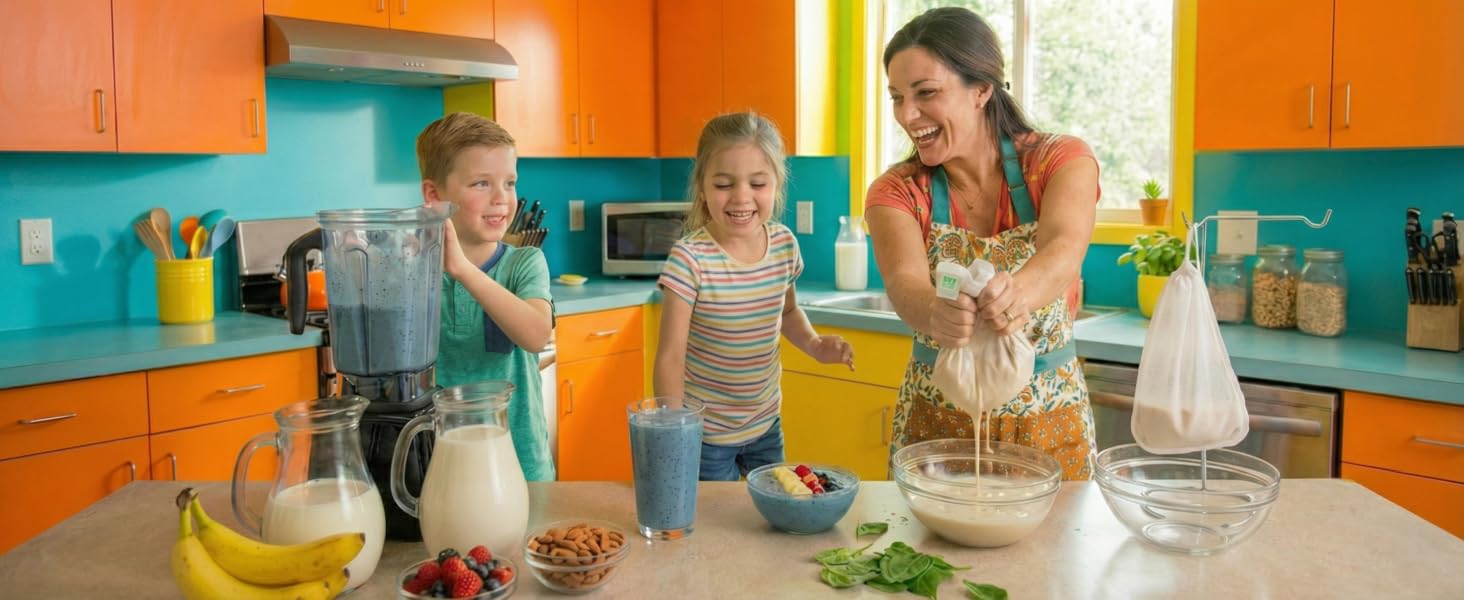 Mother and children making nut milk with Ellie's Best Nut Milk Bag and having fun