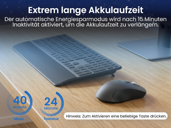 Text reads 'Extrem lange Akkulaufzeit' and 'Die außergewöhnliche Energieeffizienz-Module wird noch 15 Minuten Standby schlafen, um die Akkulaufzeit zu verlängern.' Shows battery icon with '40' and '24' duration indicators on dark background with landscape image.