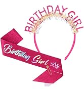 CAVETEE Birthday Crown and Sash for Girls, Glitter Iridescent Headband, Happy Brithday Party Deco...