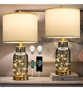 Oneach 22" Glass Table Lamps Set of 2, Gray Modern Bedside Lamp with LED Night Light for Living R...