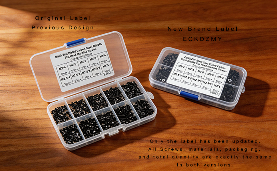 ECKDZMY brand label upgrade showing previous design and new brand label for laptop screw kit.