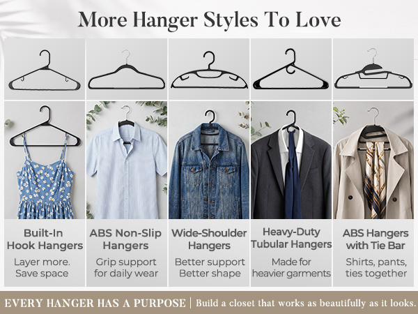 Slim hangers holding everyday clothing in a compact, organized closet