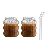 LUCKTE 2PC Ribbed Glass Cups with Straws 17oz Glassware Set Clear Glass Cup for Coffee,Beverage C...