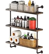 PUSDON Industrial Pipe Shelving Wall Mounted, 3 Tier Bronze Metal Floating Shelves, Wood Hanging ...