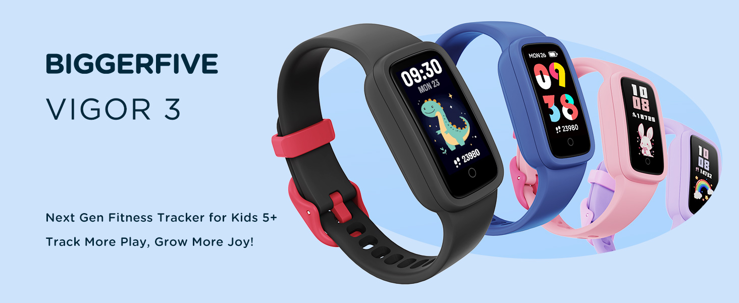 Text reads 'BIGGER FIVE VIGOR 3'. Smart watches displayed in various colors and angles with interface screens visible.