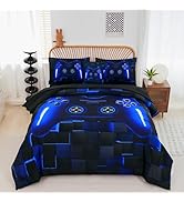 PERFEMET Twin Size Bed in A Bag 6 Pieces Gaming Bedding Set for Boys Blue Gamer Comforter with Sh...