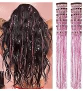 Pink Fairy Hair Tinsel Kit Pack of 12 Pcs Clip in Hair Tinsel Kit 20 Inch Glitter Tinsel Hair Ext...
