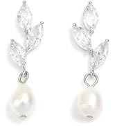 Elurent Leaf and Flower Imitation Diamond Pearl Drop Earrings for Women, Elegant Zirconia Dangle ...