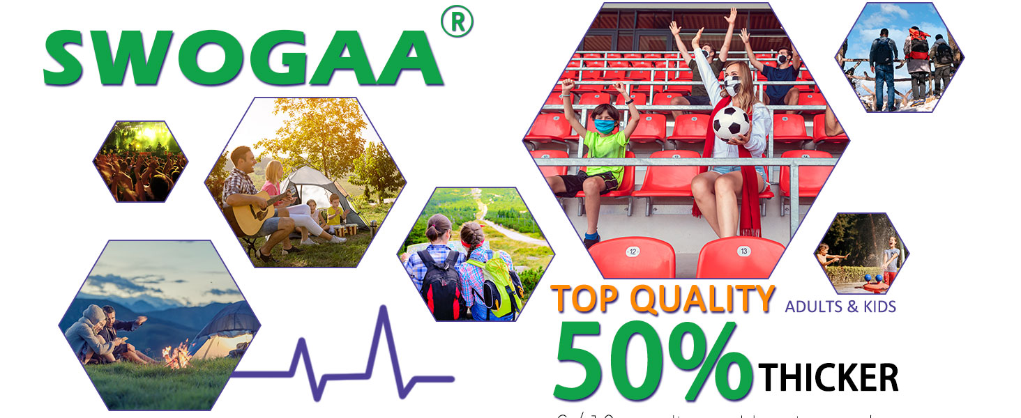 Swogaa branded marketing image showing hexagonal outdoor activity photos with heartbeat line graphic and '50% THICKER' text overlay.