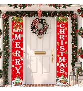 Christmas Porch Banner, Santa Snowman Merry Christmas Banners for Outside, Christmas Welcome Fron...