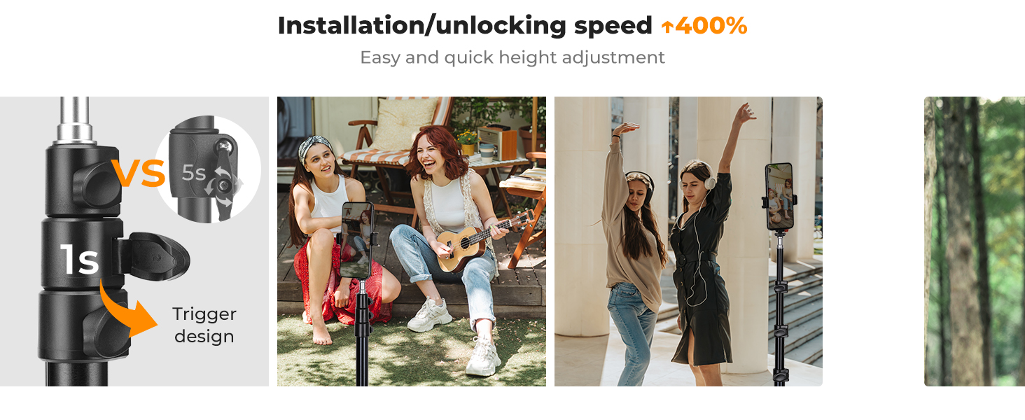Telescopic pole with quick-release mechanism. Comparison shows 1-second deployment vs 5 seconds. Images demonstrate outdoor use and easy height adjustment for various activities.