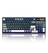 Mechanical gaming keyboard with blue LED backlighting shown from multiple angles, featuring black keycaps and full-size layout.