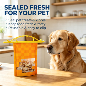 Dog sitting beside pet food bag sealed with yellow bag sealing clip