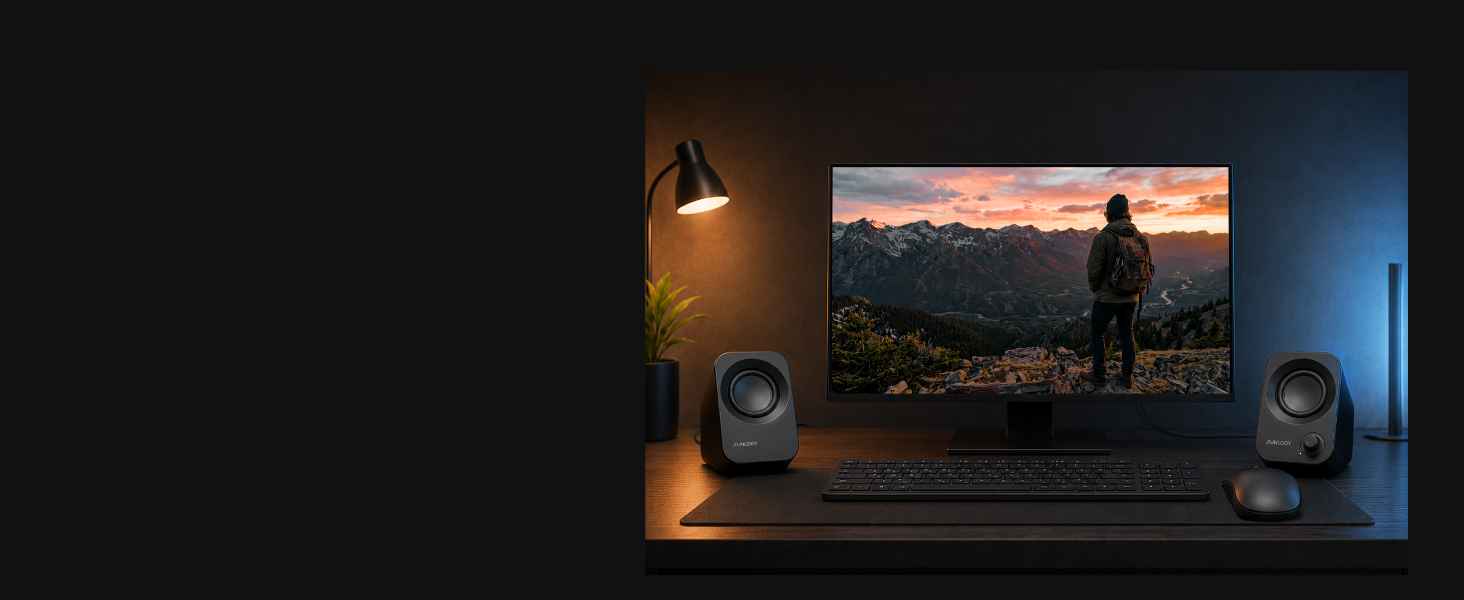 FUNLOGY Speaker Plus pair beside a desktop monitor, keyboard, and mouse.