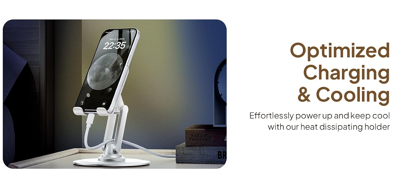 Cooling cell phone stand for desk with charging support, the perfect iPhone holder for any bed stand