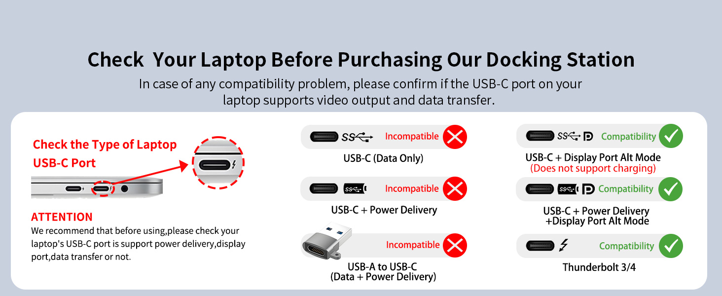 Connect docking station to laptop’s Thunderbolt or DP Alt Mode USB-C port for fast data & display.