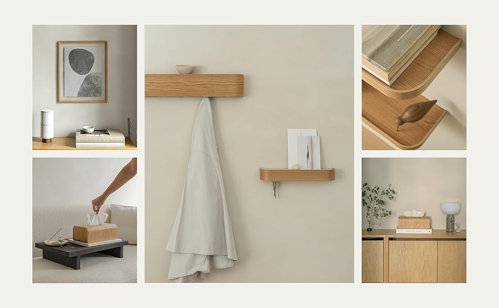 Wooden wall-mounted shelf with natural grain finish