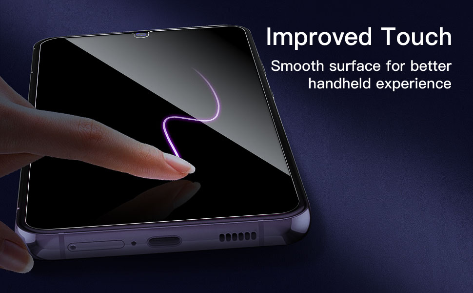 Smartphone screen with finger touching, showcasing improved touch sensitivity. Text highlights smooth surface for better handheld experience.