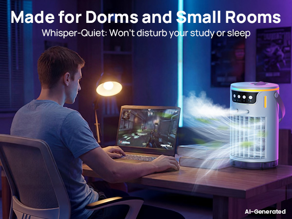 Whisper-quiet mini evaporative air cooler cooling a student gaming or studying in a dorm room