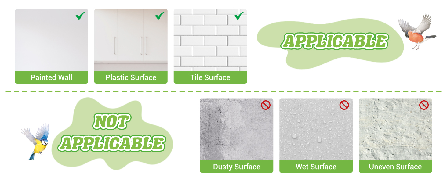 Text reads 'APPLICABLE' and 'NOT APPLICABLE'. Comparison grid showing different surface textures or materials with checkmarks and x-marks indicating compatibility.