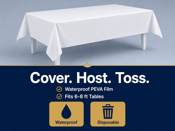 White disposable tablecloth draped over a rectangular banquet table.