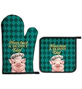 Gkodw Never Trust A Skinny Chef Oven Mitts and Pot Holders Sets, Funny Pig Chef Oven Mitts for Ba...