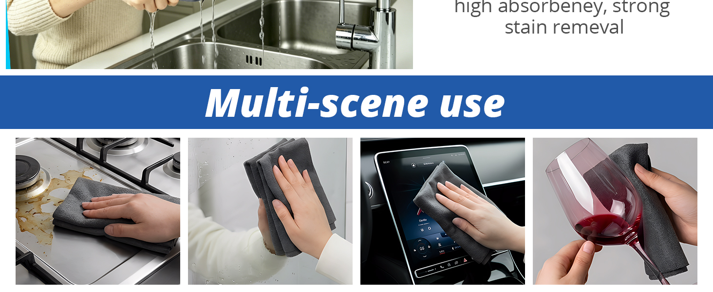 Multi-purpose cleaning cloth used on a kitchen stove, glass mirror, car touchscreen, and wine glass.