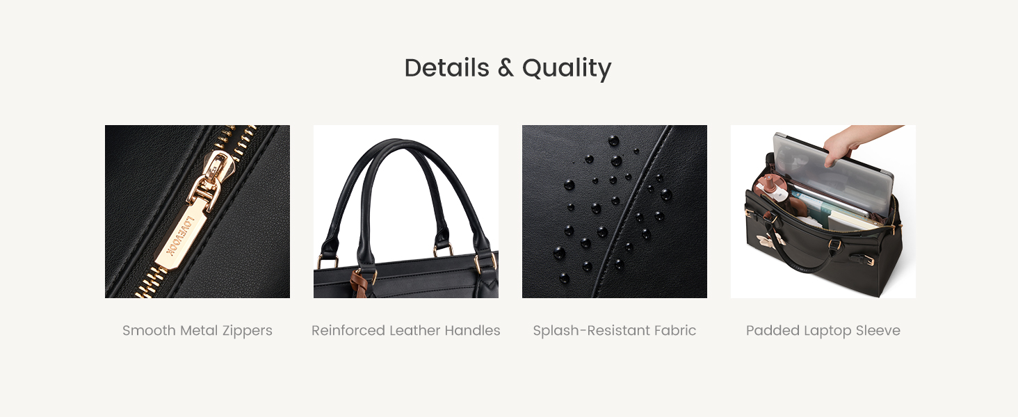 Smooth metal zippers reinforced handles splash-resistant fabric and a padded laptop sleeve inside.