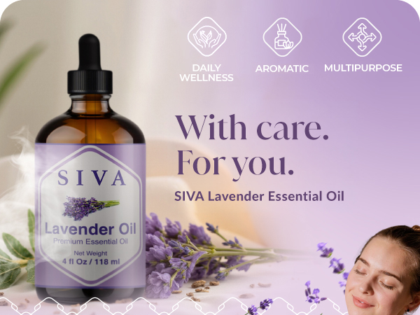 A 4 ounce amber glass bottle of SIVA Lavender essential oil being used for aromatherapy in diffuser