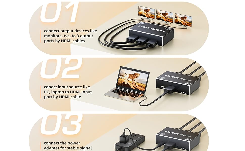 4K HDMI Splitter 1 in 3 Out with Hdmi Cable and Power Adapter, Not Support Extended Display