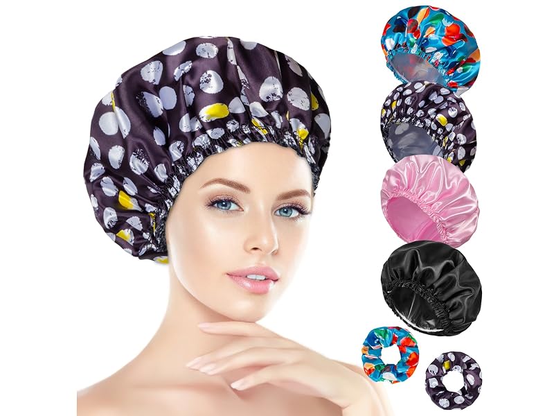4 Waterproof Shower Caps + 2 Hair Scrunchies
