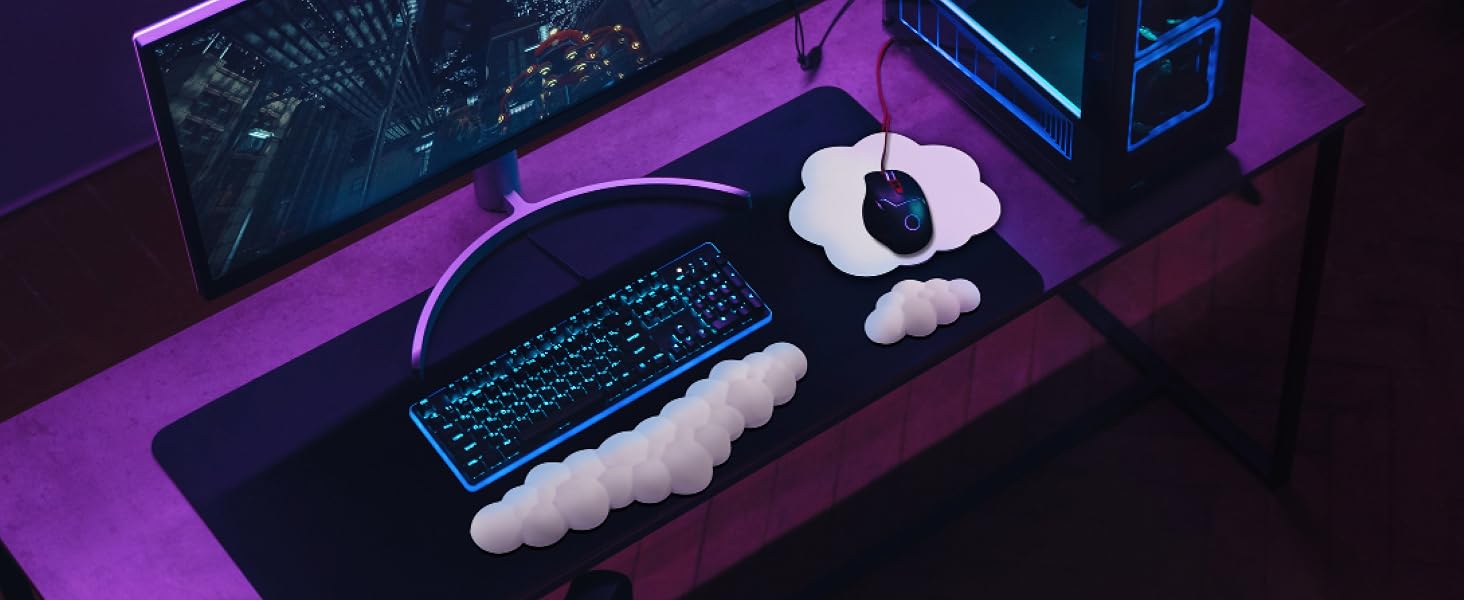 3-in-1 cloud computer accessories set with keyboard rest, mouse rest, and mouse pad on blue-lit desk