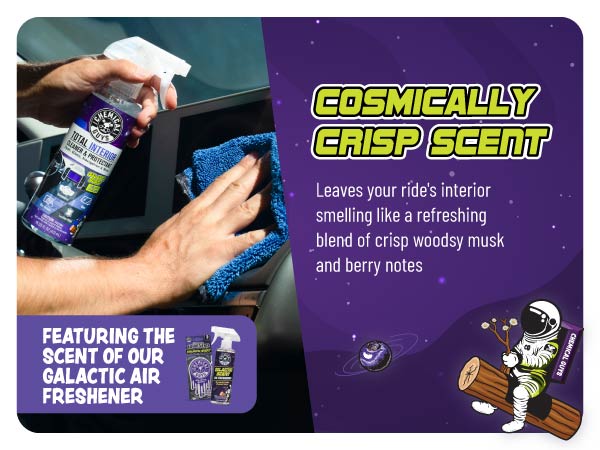Car interior cleaner and protectant removing dust and dirt for a balanced, streak-free finish