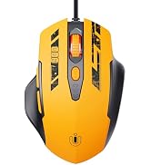 Gaming mouse in bright orange and black color scheme with multiple buttons and ergonomic design, featuring programmable controls and side grips.