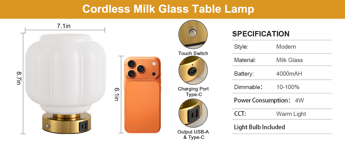Rechargeable Table Lamp Cordless Milk Glass Bedside Lamp Small white and gold