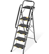 Black folding step ladder with five wide non-slip steps and handrails, designed for household use. Features a sturdy metal frame construction.