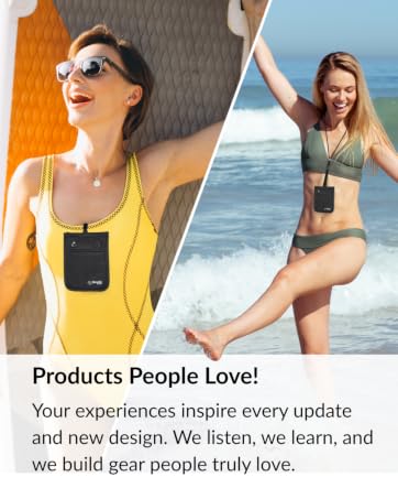 Women at beach wearing RFID bra wallets – waterproof travel pouch for cards, cash, and passports