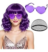 PLULON Dark Purple Wavy Bob Wigs with Bangs Heart Sunglasses Hair Cap for Women, Colored Syntheti...