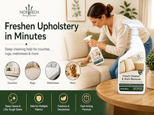 Woman cleaning a beige couch with NOYATECH Couch Cleaner, with icons for rugs, mattresses, pets