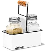 Red Co. Glass Salt & Pepper Shakers in Enamelware Metal Carrying Caddy with Wooden Handle, White/...